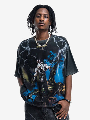 300G Jade Pattern Dyed Cotton T-Shirt with Lightning Graphic Print Oversized Streetwear Tee 