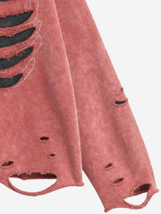 Skull Patchwork Distressed Washed Cropped Hoodie