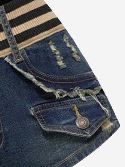 Knit Waistband Ripped Denim Shorts