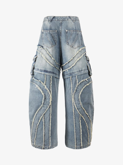 Retro Patchwork Frayed-Edge Heavy-Duty Jeans 