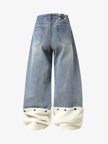 Sherpa Paneled Stacked Baggy Jeans 