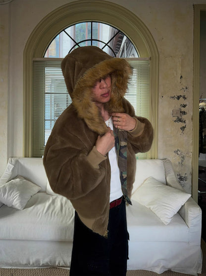 Camouflage Bomber Jacket with Faux Fur Hood for Winter and Fall 