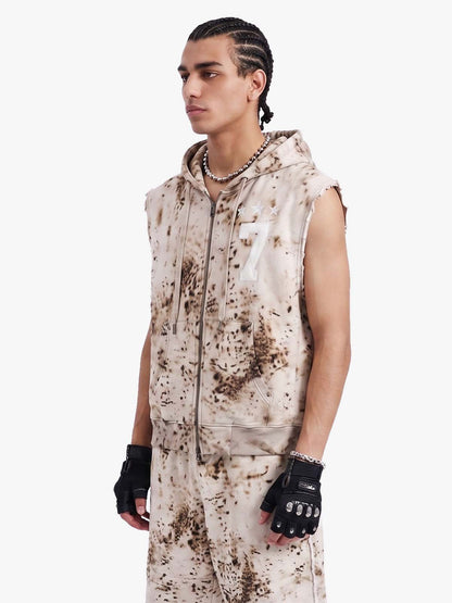 Washed Distressed Irregular Leopard Sleeveless Hooded Vest Set 