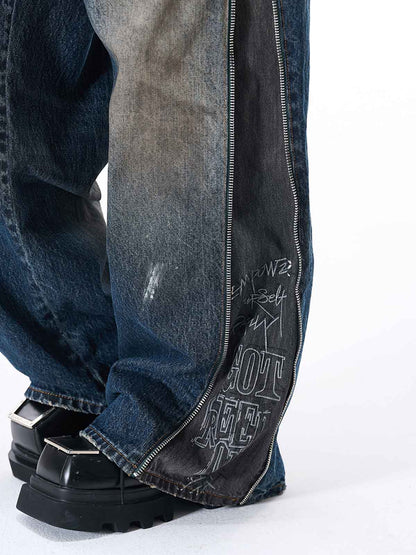 Wide-Leg Denim Jeans with Unique Zipper Design and Graffiti Artwork 