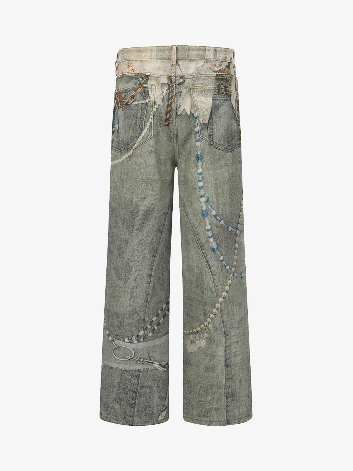 Retro Artistic Beaded Collage Print Straight Jeans 