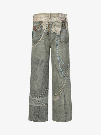 Retro Artistic Beaded Collage Print Straight Jeans 