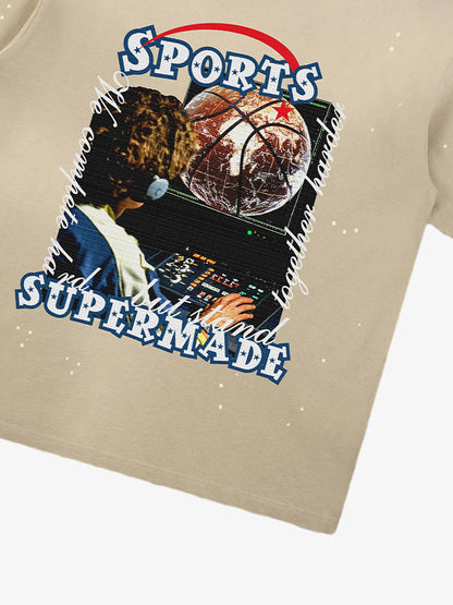 thesupermade-"Retro Basketball Radio" "Sports Know No Borders" Graphic Tee-Retro Ink Splash Streetwear Oversized T-Shirt 