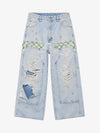 Checkerboard Knee-Ripped Distressed Wide-Leg Jeans