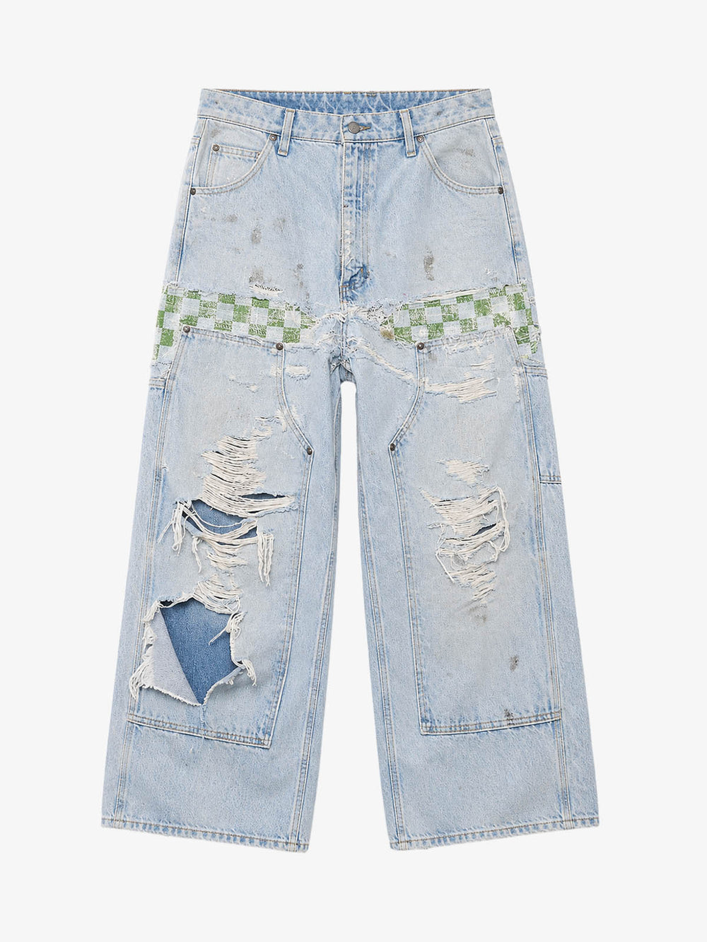 Checkerboard Knee-Ripped Distressed Wide-Leg Jeans
