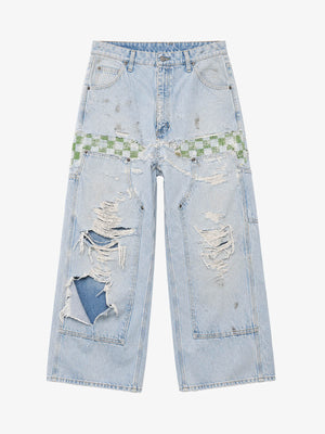 Checkerboard Knee-Ripped Distressed Wide-Leg Jeans