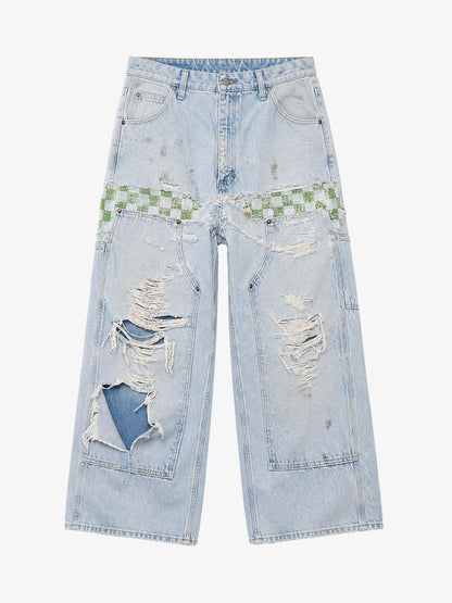 Checkerboard Knee-Ripped Distressed Wide-Leg Jeans
