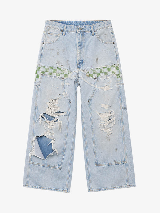 Checkerboard Knee-Ripped Distressed Wide-Leg Jeans