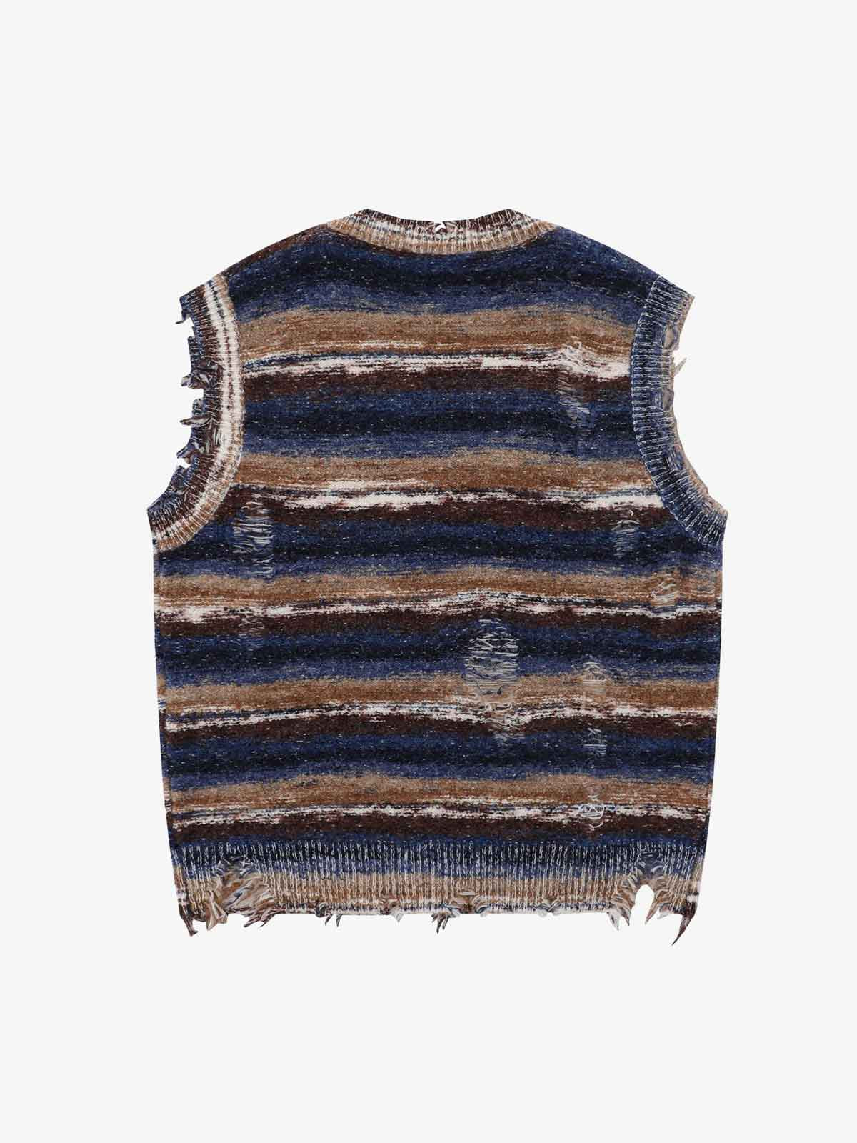 Frayed Edge Striped V Neck Knit Vest