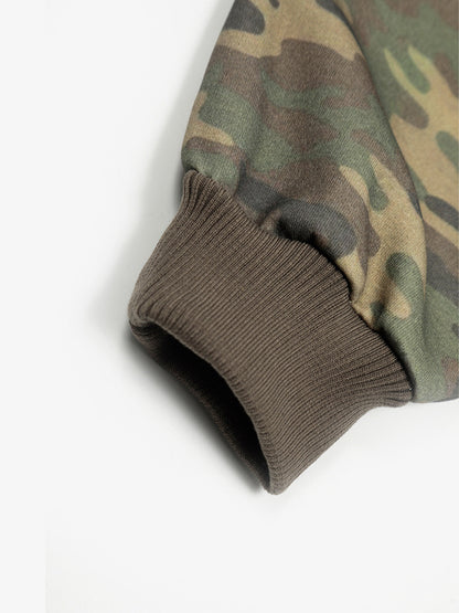 Camouflage Hooded Jacket with Embroidered Details and Striped Sleeves 