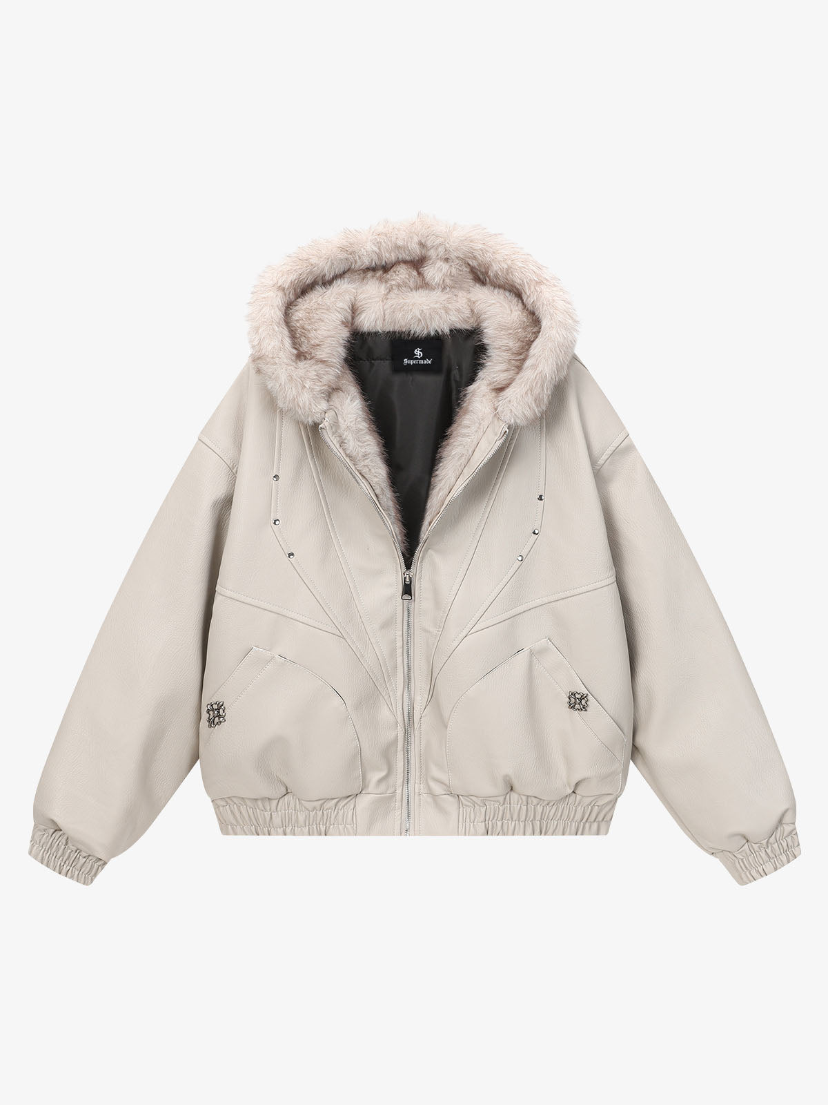 Mountain Eagle Fur-Collar Patchwork Faux Leather Jacket