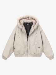 Mountain Eagle Fur-Collar Patchwork Faux Leather Jacket