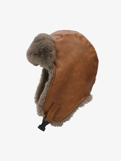 Vintage Distressed Leather Plush Trapper Hat 