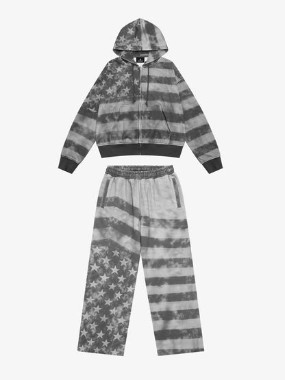 Distressed Star Stripe Hooded Cardigan Set