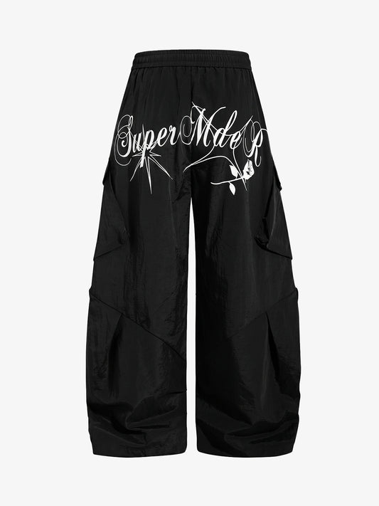 Script Graphic Baggy Parachute Cargo Pants