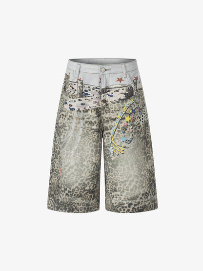 Charm Detail Leopard Denim Shorts 
