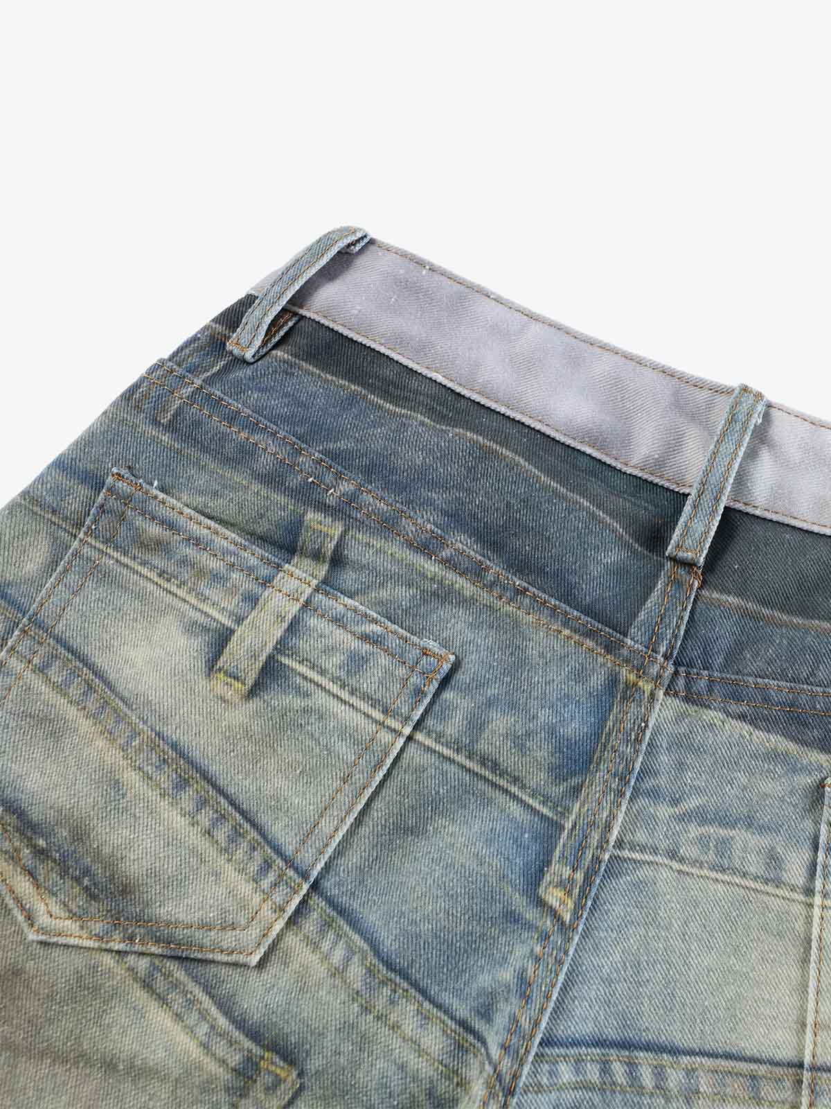 3D Graphic Distressed Gradient Ripped Wide-Leg Jeans
