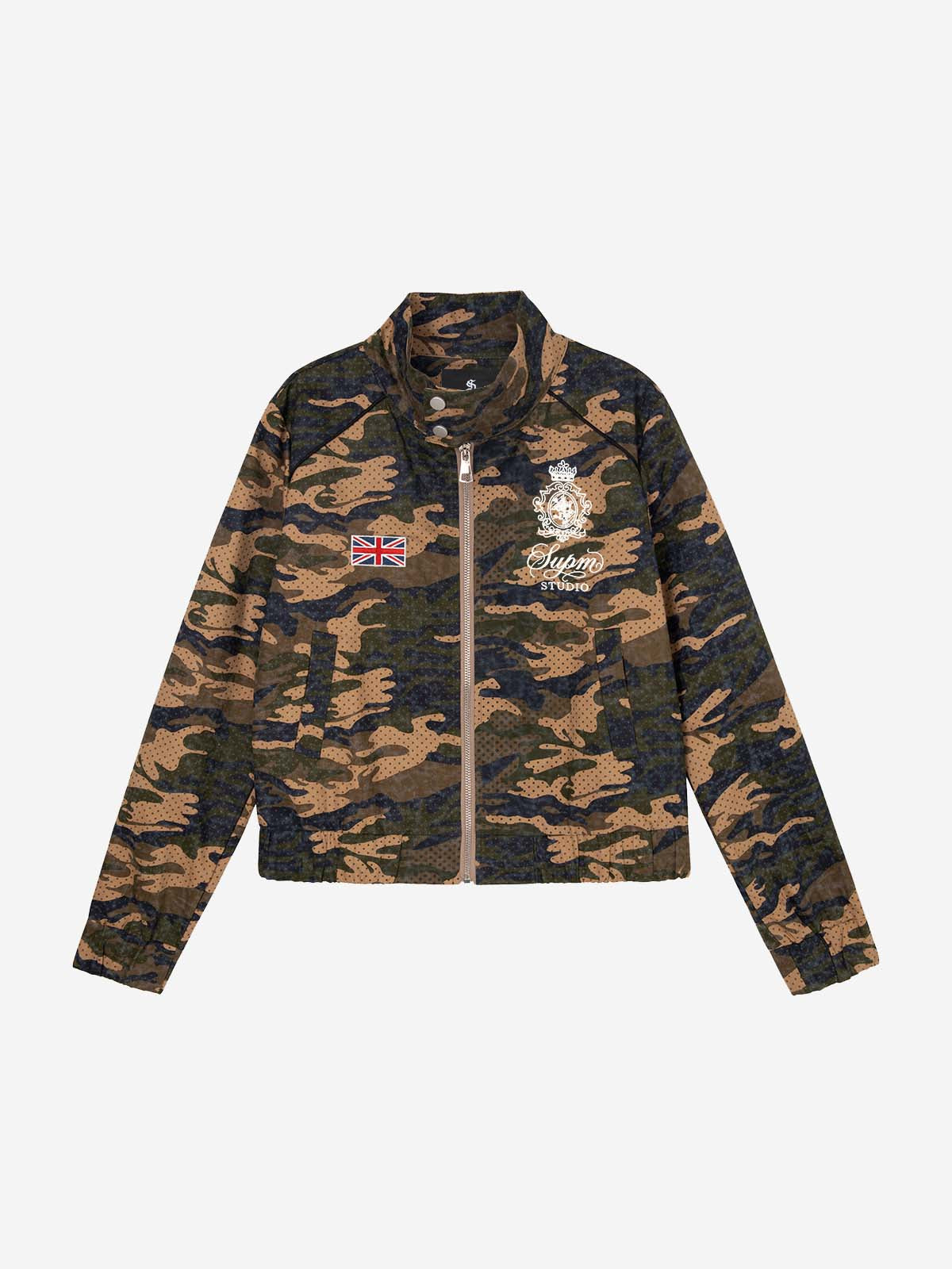 Camo Flag Badge Embroidered Stand-Collar Jacket