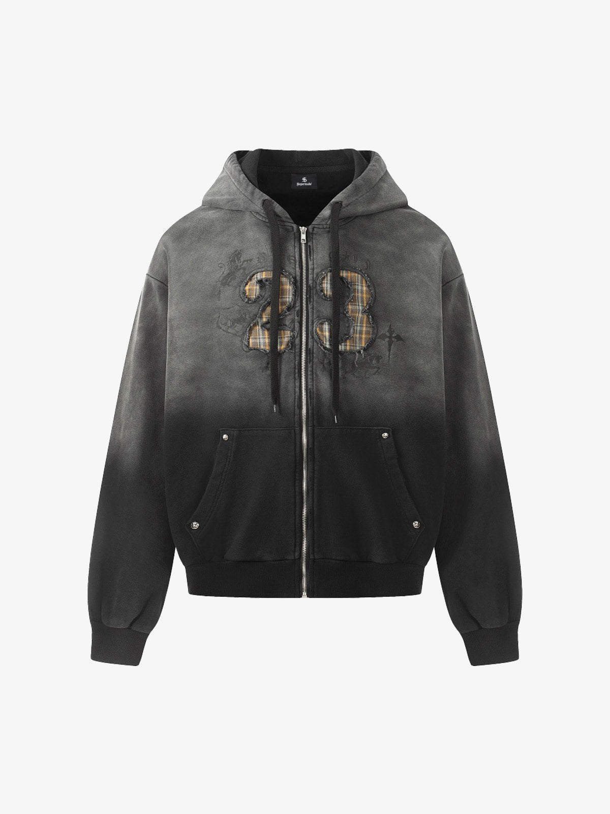 Distressed "23" Patch Zip Up Hoodie 