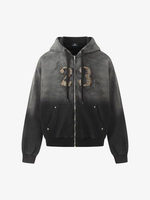 Distressed "23" Patch Zip Up Hoodie 