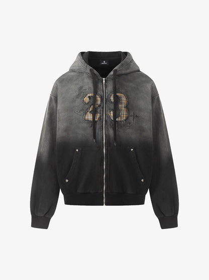 Distressed "23" Patch Zip Up Hoodie 