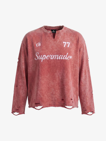 Embroidered Ripped Distressed Long Sleeve Tee