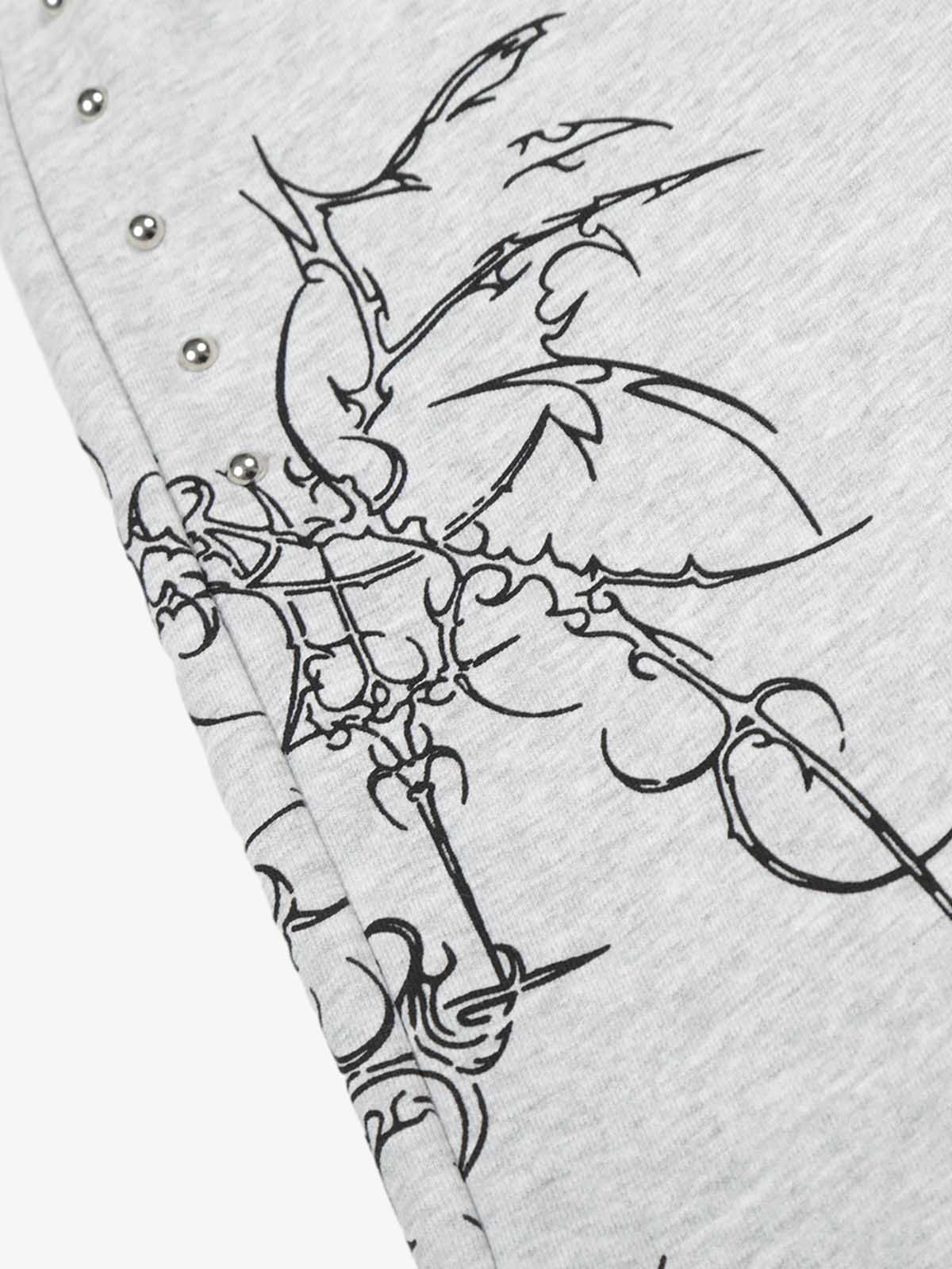 Floral Line Art Studded Wide Leg Drawstring Sweatpants