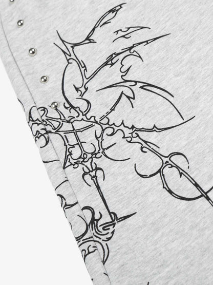 Floral Line Art Studded Wide Leg Drawstring Sweatpants