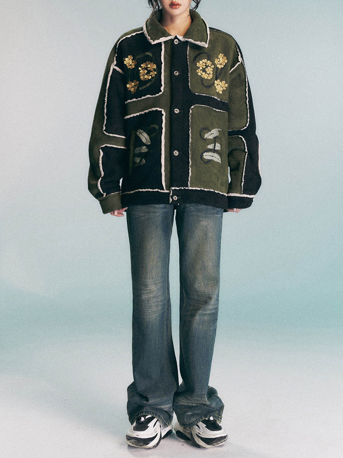 Floral Embroidered Suede Fleece Jacket - 2260 