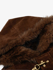 Streetwear Metal Clip Faux Fur Hooded Suede Bomber Jacket - 2597 