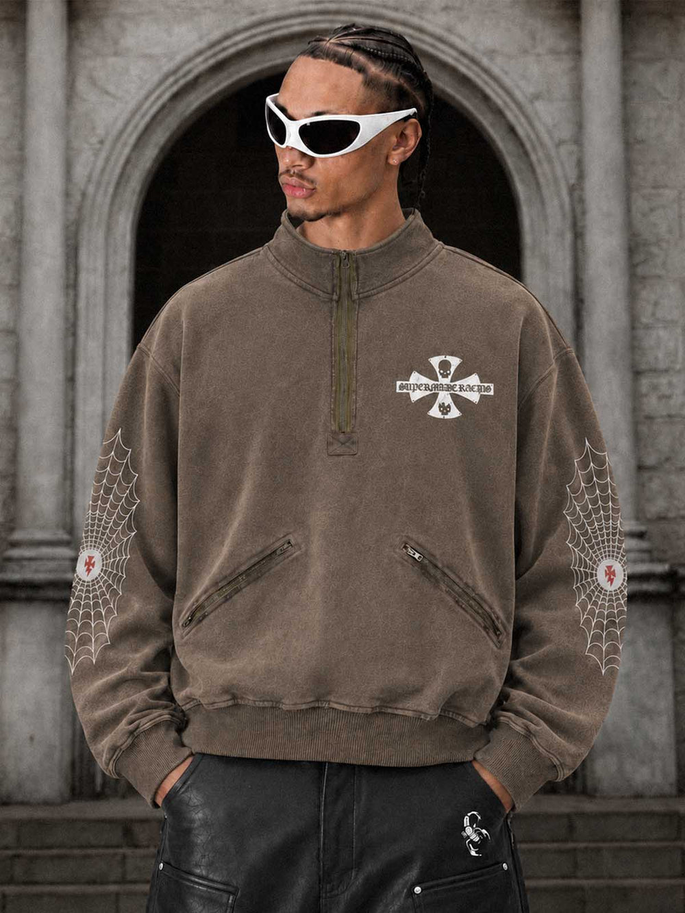 Spiderweb Graphic Washed Distressed Half-Zip Hoodie