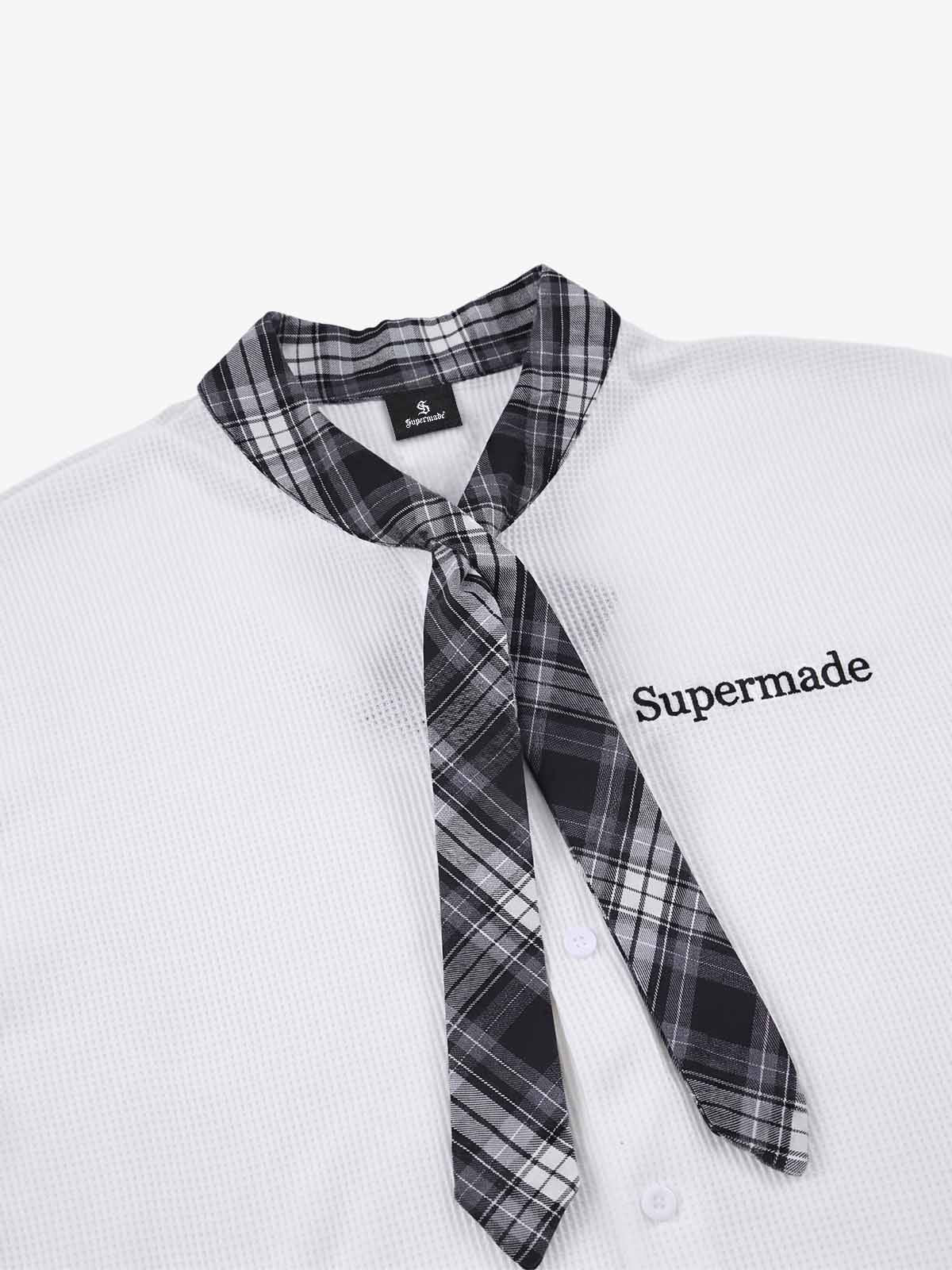 Plaid Scarf Sleeve Waffle Shirt