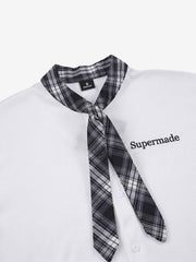 Plaid Scarf Sleeve Waffle Shirt