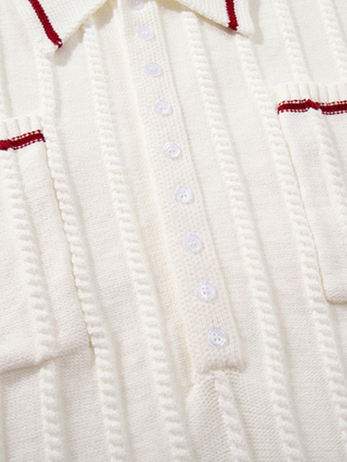 Retro Contrast Trim Ribbed Knit Polo Sweater 