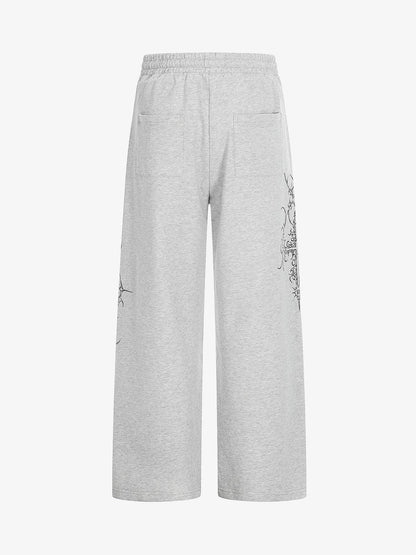 Floral Line Art Studded Wide Leg Drawstring Sweatpants
