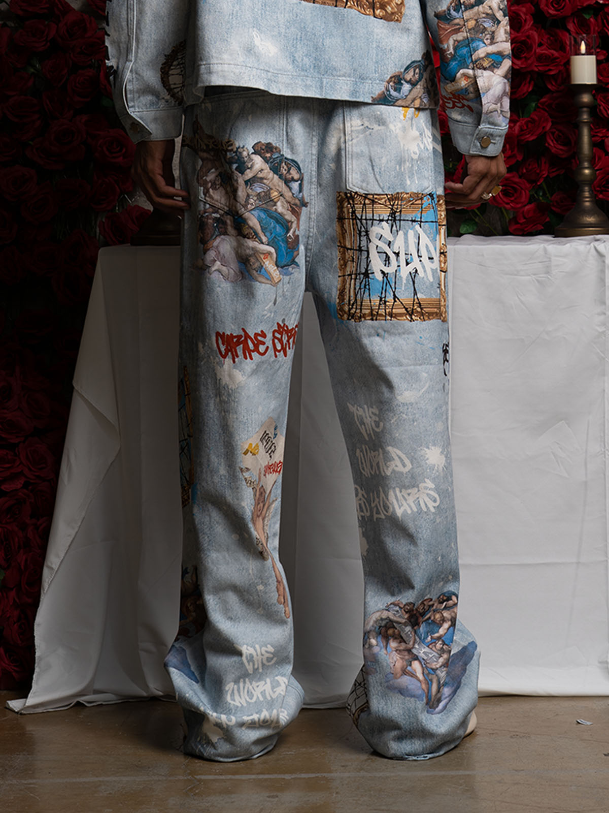 Artistic Denim Wide-Leg Jeans with Angelic Prints and Graffiti Details 