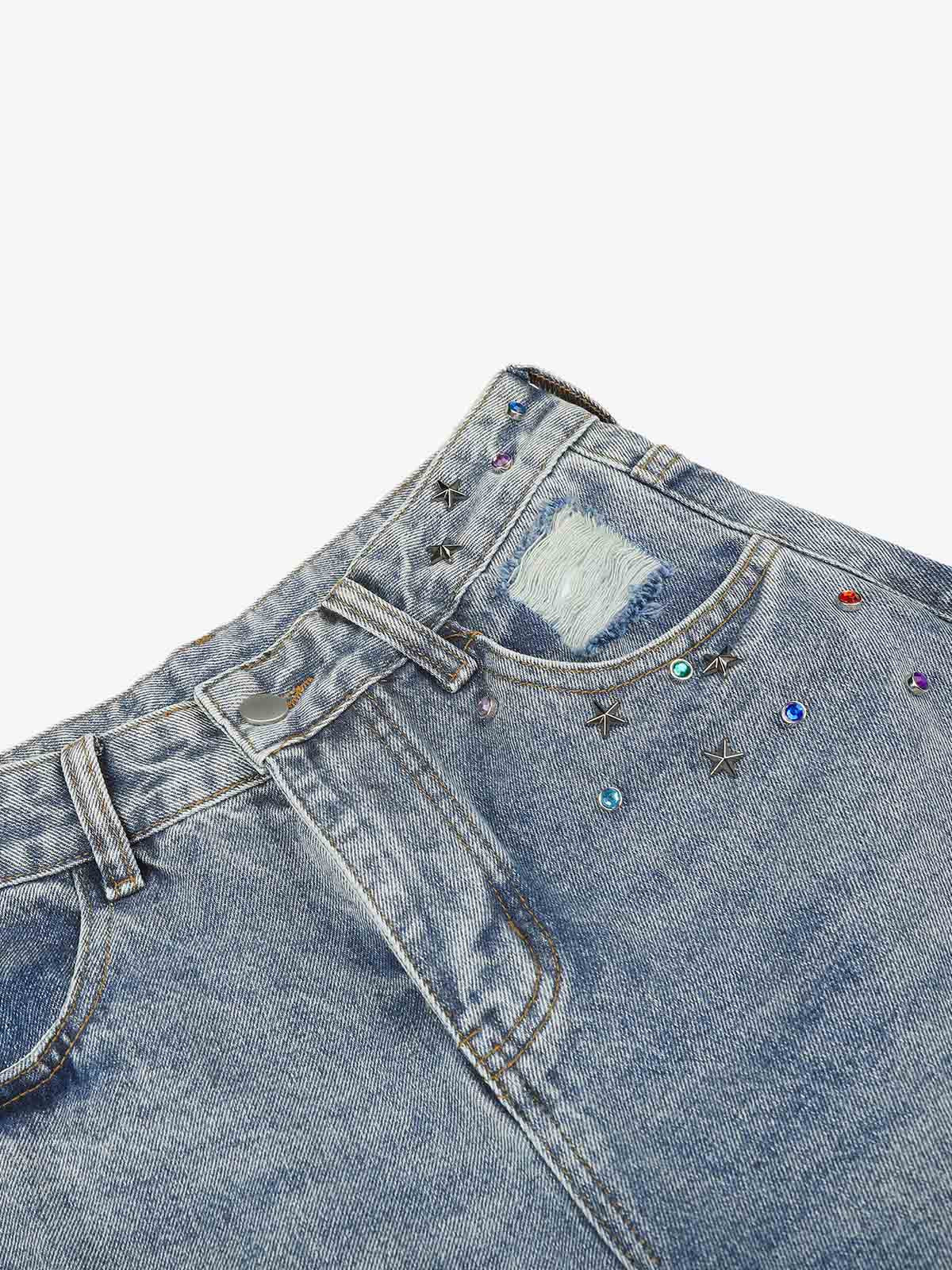 Layered Rhinestone Baggy Jeans