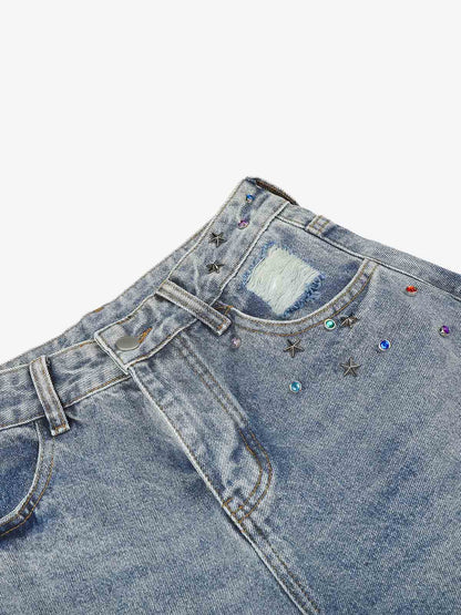 Layered Rhinestone Baggy Jeans