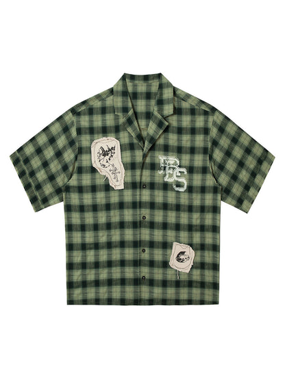 Plaid Applique Printed Short Sleeve Shirt 