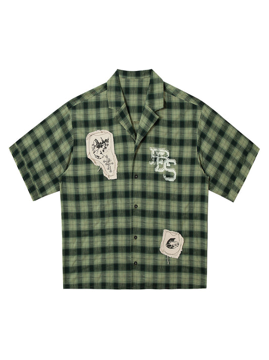 Plaid Applique Printed Short Sleeve Shirt 