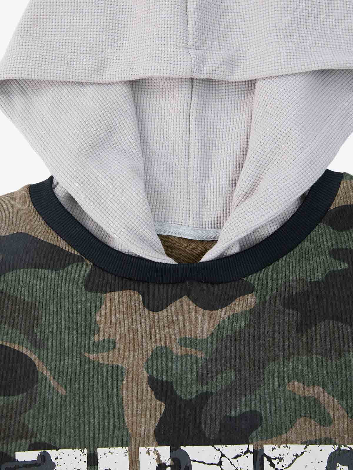 Supermade Camouflage Patchwork Faux Two-Piece Hooded Top 