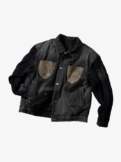 Stylish Denim Jacket with Cable Knit Sleeves and Leather Patches for Men 