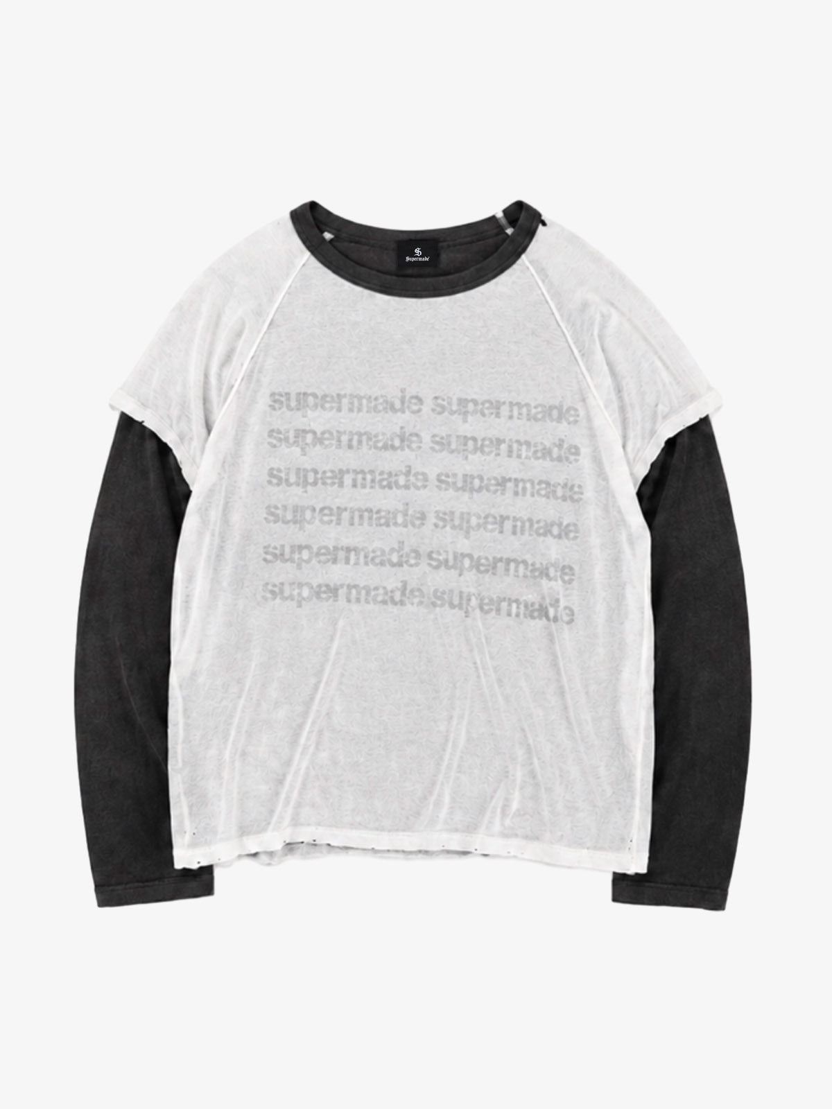 Distressed Print Long Sleeve Top with Faux Layered Design