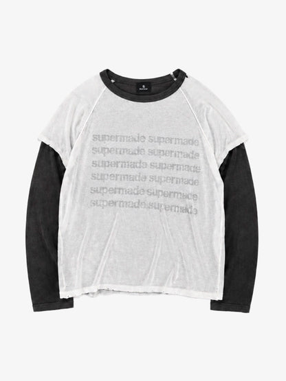 Distressed Print Long Sleeve Top with Faux Layered Design
