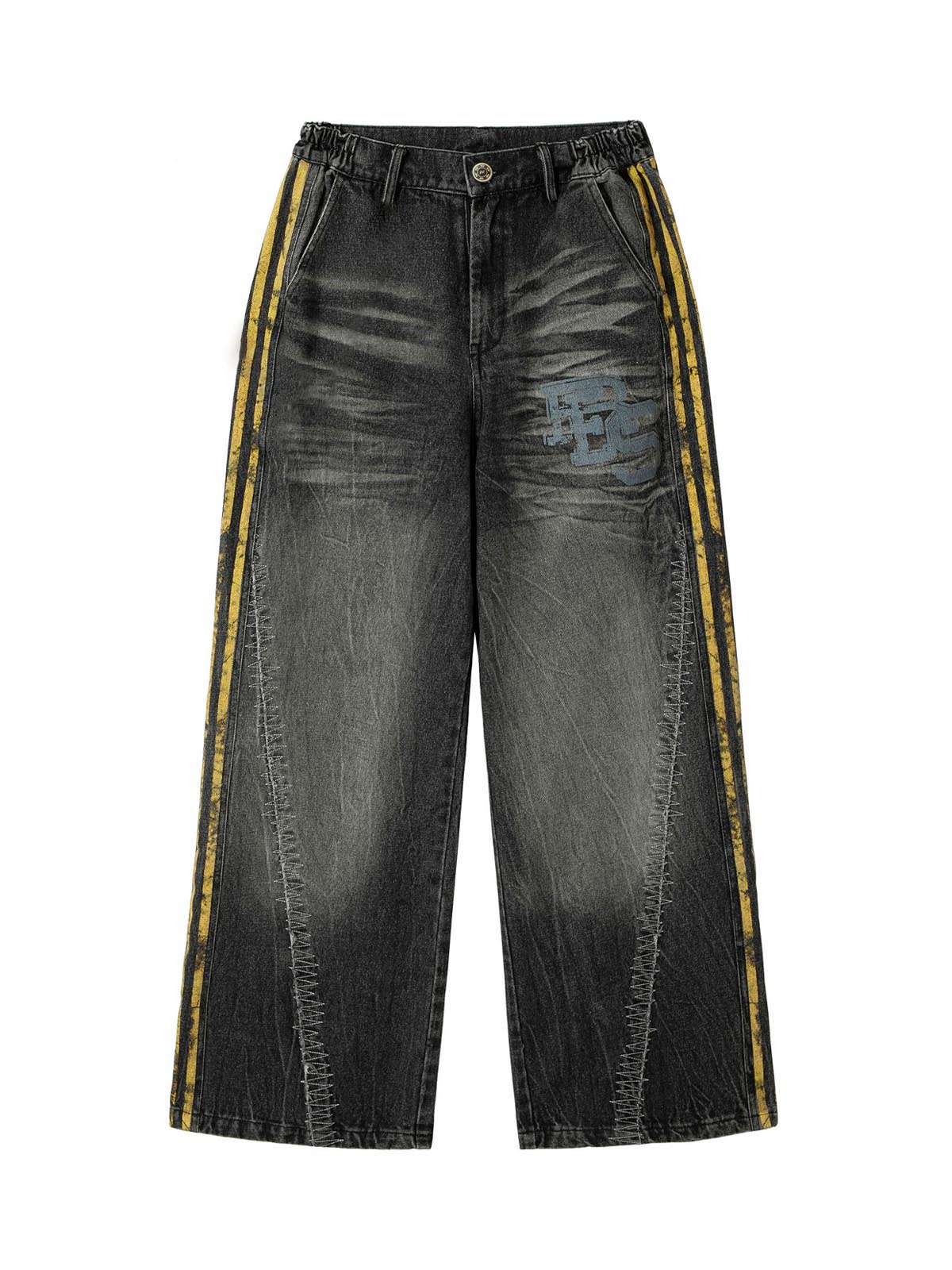 Distressed Striped Side Chain Patchwork Ripped Straight Jeans - 2391 