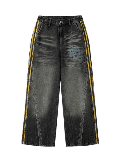 Distressed Striped Side Chain Patchwork Ripped Straight Jeans - 2391 